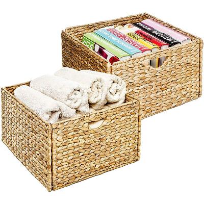 China 2021 Rustic Folding Rectangle Water-hyacinth Rattan Storage Basket Collapsible Handwoven Trash Can for Kitchen and Cabinet for sale