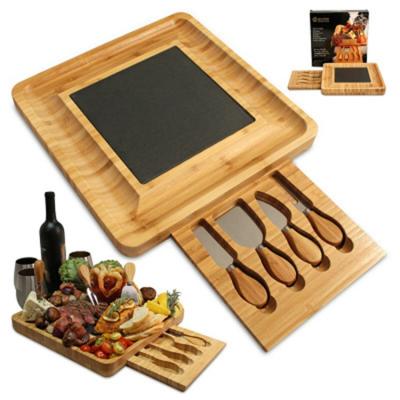 China Sustainable European Style Black Slate Serving Board Bamboo Cheese Boards With Slate Knife And Fork Stone for sale