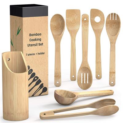 China 2021 Sustainable 8pcs Custom Made Bamboo Nonstick Natural Teak Wooden Utensils Set With Spatula For Cooking for sale