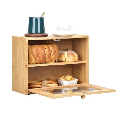 China 2 Tier Large Window Sustainable Transparent Food Storage Wooden Bamboo Bread Box For Kitchen Countertop for sale