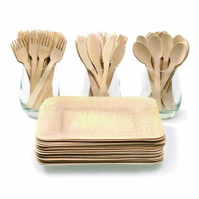 China Hot Selling Wholesale Disposable 7 Inch 4 Pieces Set Eco Friendly Naturally Degradable 100% Bamboo Disposable Cutlery Dishes for sale