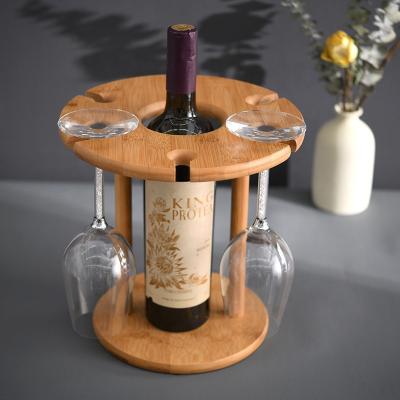 China Fashion Round Wine Glass Bottle Holders Natural Wooden Bamboo Stocked Wine Rack for Lovers and Guests for sale