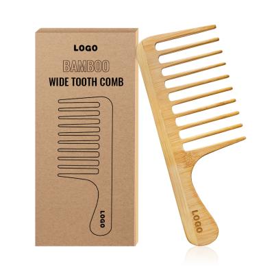 China Custom Travel Logo Wide Tooth Comb Handmade Natural Bamboo Hair Comb with Long Handle for sale