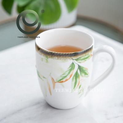 China New Arrival 230ml Style Porcelain Coffee Cup Nordic Tea Cup Stocked Ceramic White Gold Glazed Leaf Ceramic Mug for sale