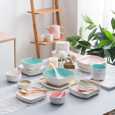 China Sustainable luxury pink green dinnerware color luster khaki gold white cutlery bowls porcelain dinner set set dish for sale