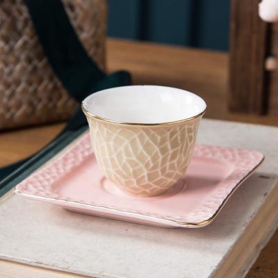 China Fancy Teacup Saucer 12pcs Color Luster Relief Turkey and Arabic Cups Viable Wholesale 100ml 200ml Kawa Cups Mug Ceramic Coffee for sale