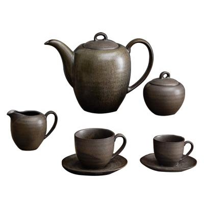 China Dishwasher Safe Dark Brown Matt Classical Color Teapot Ceramic 27pcs Sustainable Coffee and Tea Set for Restaurant for sale