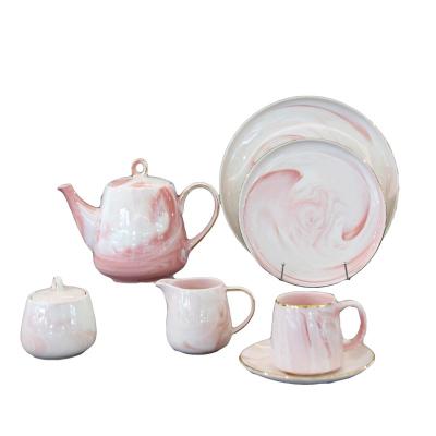 China Printable Party 24 Pcs Customizable Dishes Sets Precious Tableware Color Marble Wedding Porcelain With Gold Line for sale