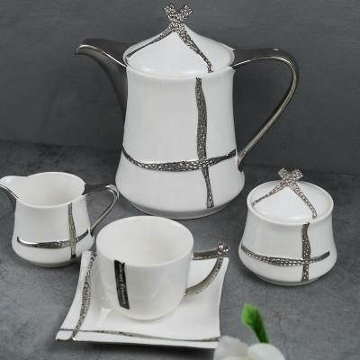 China Color Gloss New Arrival Coffee Mug Tea Cup Sugar Canister Sets 15 Pcs Ceramic Sliver Covers White Porcelain Tea Sets for sale