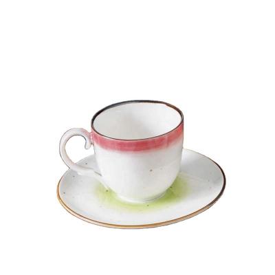 China Hand Paintable Pink And Green Color Stackable Ceramic Tea Coffee Mug Set for sale