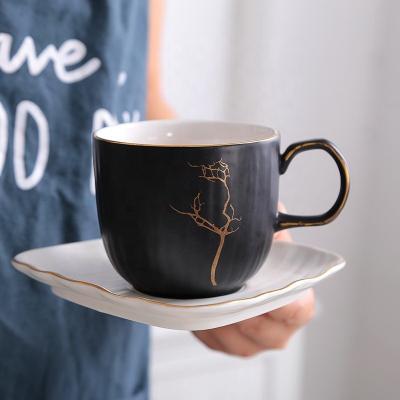 China Viable Porcelain Gold Unbreakable Branch Mugs With Gold Rim And Handle In Bulk For Sale Design Coffee Espresso Cup And Saucer for sale