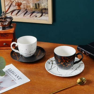 China Sustainable Luxury Custom Marble Crack Design Latte Coffee Cups Modern Cup And Saucer With Gold Rim For Afternoon Tea Time for sale