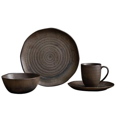 China Viable Dark Brown Matt Classical Bowl Ceramic Pottery Dinnerware Set 16pcs Porcelain Dinner Sets Factory for sale