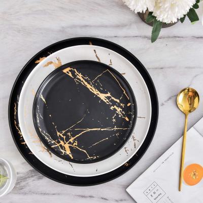 China Viable Luxury Matt Black and Gold Home Rim Gold Marble Dinner Plate Restaurant Hotel White Round Ceramic Dish Set for sale