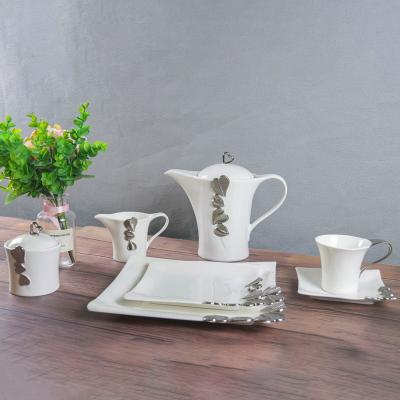 China Viable High Quality Porcelain Dinnerware Ceramics Plates Sets With Silver Rim 24 Pcs Porcelain Dinner Sets White China Dinnerware for sale