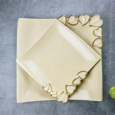 China Sustainable Luxury Restaurant Ceramic Dishes Gold Custom Design White Gold Heart Porcelain Dinnerware Square Dish for sale