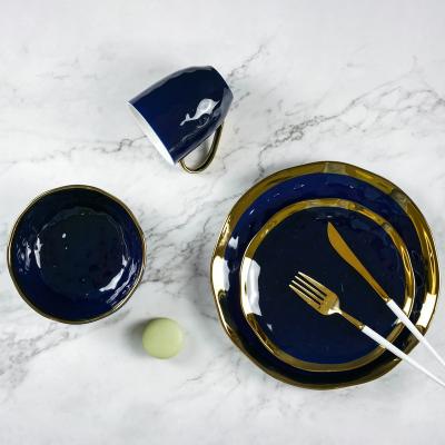 China Sustainable Home Used Color Glazed With Real Gold Design Dinnerware Sets 16 Pcs Navy Ceramic Dinnerware Sets for sale