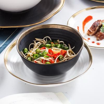 China Sustainable Lightweight Luxury Black And White Gold Plated Dinnerware With Gold Edge Dish Salad Bowl Household Bowl And Dish Set for sale