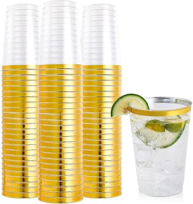 China Fancy Disposable Plastic 12oz Cups Gold Rim Eco-Friendly Disposable Wedding Party Cups Elegant Mugs for sale