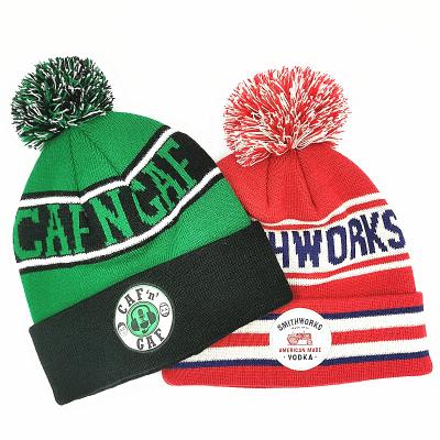 China COMMON Logo Stretch Custom Jacquard Knitted Beanie Hats Winter Star Football Slapped Beanie Hat With Pom Pom for sale