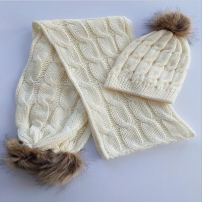 China Soft sweet feeling lady and child twist knit hat and scarf set, winter warm set with beanie and long scarf with pom pom for sale