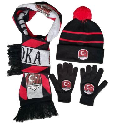 China Long Jacquard Sports Fan Cheering Custom Football Scarf Fans Sport Knitted Scarf Hat Gloves Set for sale