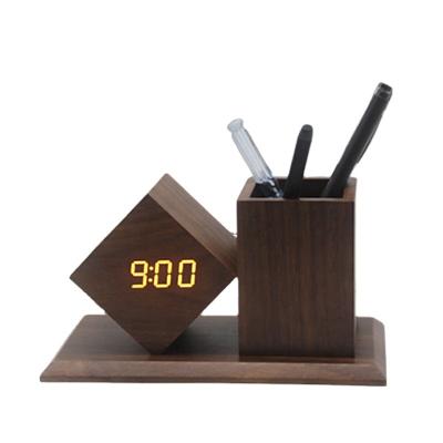 China Class Creative Wooden Gift LED Digital Pen Holder Desk Acoustic Control Alarm Clock for sale