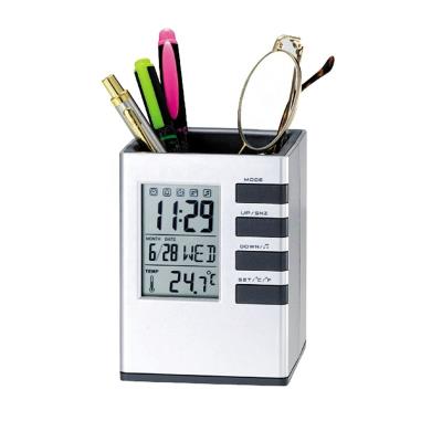 China New Multifunction Calendar Pen Holder Calendar Digital Desktop ClockTransparent &Silver for sale