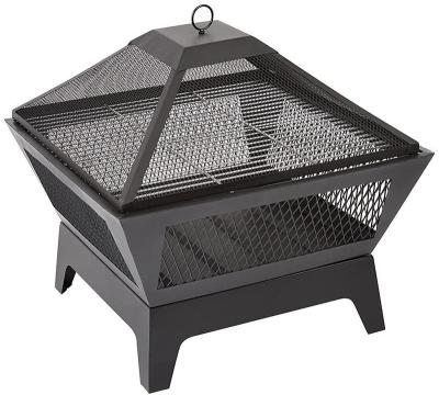 China Easily Assembled Black Square Outdoor Steel Fire Pit with Mesh Lid - Basket Bowl Chimney Boilermaker - Log, Grill and Poker Included for sale