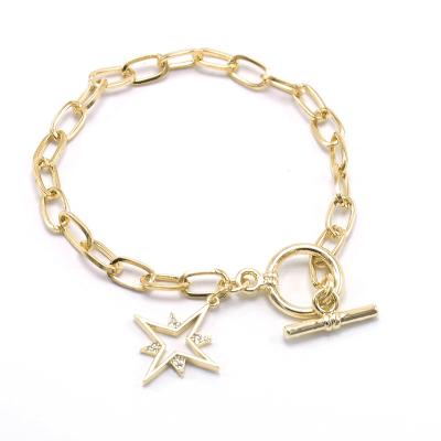 China TRENDY Fashion Jewelry 18K Gold Plated Carabiner Curb-Chain Bracelet With Hexagram Charms for sale