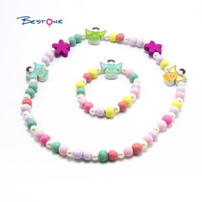 China Cute Mixed Color Beads OEM Kids and Girls Jewelry Set Wooden Necklace and Bracelet for Girls for sale