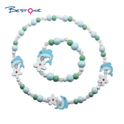 China 2020 BESTONE Cute Wooden Bracelet Necklace Set Kids and Girls Jewelry with Dolphin Charm for sale