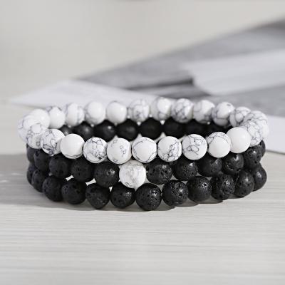 China Natural Yin Yang Bracelets Women Men Elastic 8mm Lava Stone Howlite Oil Diffuser Fashion Stone 3Pcs Couple Freindship Gift for sale