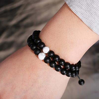 China CLASSIC 2 PCs Shape Natural Obsidian Matte Onyx Stone White Howlite Black Braid with Opal Bead Bracelet Set Charm Gift for sale