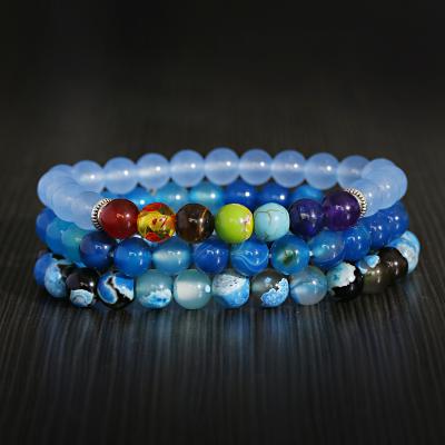 China 3Pcs/Set Fashion Natural Blue Agate 8MM Stone Bracelet Sea Beach Style Beaded Bracelets for sale