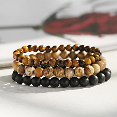 China Fashion 3Pcs/set Tiger Eye 8mm Matte Onyx Picture Jasper Yoga Bracelet For Women Men Slap Wrist Bracelet for sale