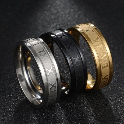 China Douvei Fashion Jewelry Stainless Steel CLASSIC Wedding Band Punk Ring Roman Numerals Gold Black Cool Rings For Women Men for sale