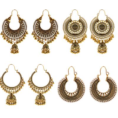 China BOHEMIA Douvei Bohemian Hollow Carved Indian Women Gold Plated Drop Round Pearl Bell Circle Earrings Costume Crescent Earrings 4 Pcs/Set for sale