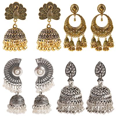 China Vintage DOUVEI Oxidized Bollywood Round Bell Tassel Jhumki Jhumka Earrings For Women Vintage Bells Tassel Dangle Traditional Ethnic for sale