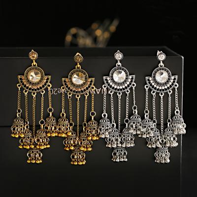 China Vintage Women's Gold Jhumka Earrings Retro Big Indian Jewelry Classic White Pearl Long Chain Tassel Dangle Earring Hangers for sale