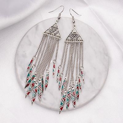 China BOHEMIA Ethnic Women's Geometric Alloy Long Chain Tassel Dangle Earrings Bohemia Triangle Alloy Drop Earrings Jhumka for sale