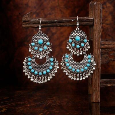 China Jhumka Sector Classic Silver Color Indian Turkish Jhumka Earrings For Women Vintage Turkey Boho Turquoise Bead Tassel Earrings for sale