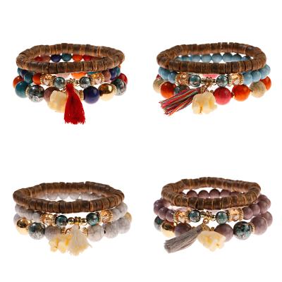 China 3Pcs/Set Natural Stone Women Bracelet Ethnic Bohemian Jewelry For Weeding Dance Party Gemstone Wooden Bead Tassel Bracelet Set Along for sale