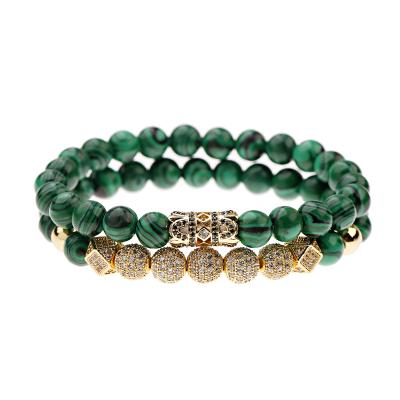 China Classic 8MM Malachite Satural Stone Couple Bracelet Green Gold Plated Micro Macrame Charm Bead Cavity Zincon Pave Ball Bracelet Set for sale