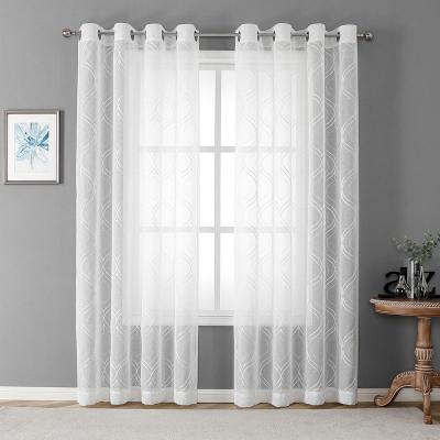 China Hot Selling Blackout White Quality Semi Sheer Grommet Curtain Panel With White Embroidery Geometry Lattice Design For Kids Bedroom for sale