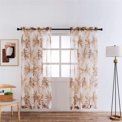 China Semi Blackout Brown Leaves Exotic Tropical Style Sheer Palm Botanical Print Curtains Rod Pocket Window Panels For Home Decoration for sale