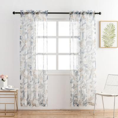 China Blackout Sheer Home Faux Sheer Blackout Gray Leaves Pattern Printed Semi Voile Canvas Window Curtain With Rod Pocket For Window Decor for sale