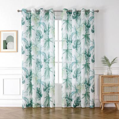 China Semi Blackout Leaves Modern Green Plant Printed Sheer Curtains Printing Window Drapes Grommets For Living Room for sale