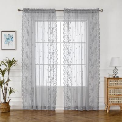 China Semi Blackout Cheap Price Rod Pocket For Sliding Door Embroidery Sheer Curtain With Gray Lace for sale