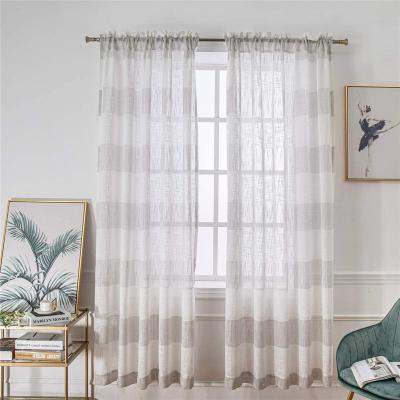 China Luxury Decorative Faux Linen Blackout Silver Gray And White Semi Blackout Striped Voile Panels Curtains Rod Pocket Window Drapes Sheer for sale